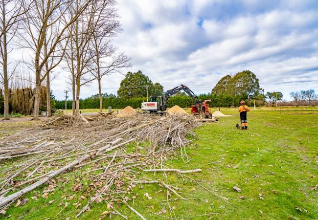 Professional arborists mulching large pile of trees using excavator